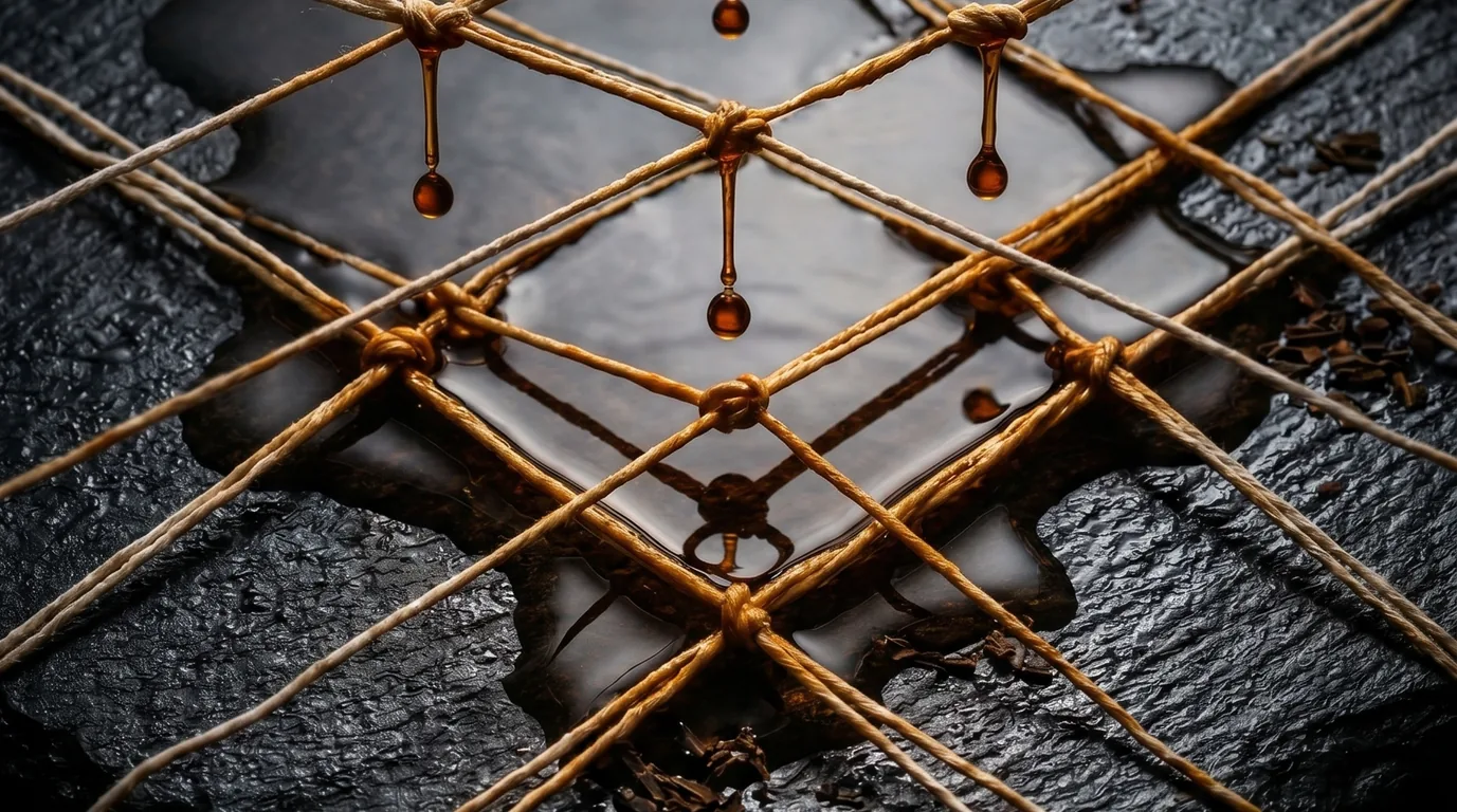 Twine net. Four amber drops at the knots. Anise underneath.